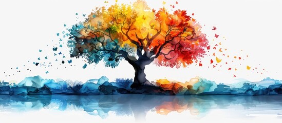 Watercolor Tree with Colorful Butterflies