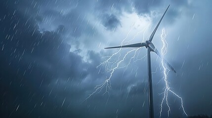A wind turbine with lightning in the background