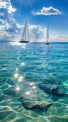 A yacht sailing in calm, crystal-clear waters