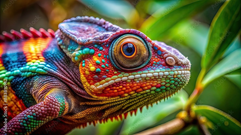 Poster A detailed image of a chameleon blending into its colorful surroundings in the wild , camouflage, reptile, nature