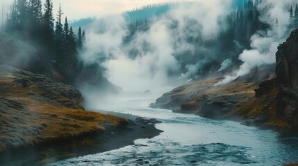 A river flowing through a canyon, steam rising from hot springs