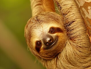 Serene Sloth Hanging in Tropical Forest, Embracing Lush Greenery and Daylight Ambiance