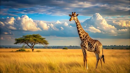 Obraz premium A majestic giraffe standing tall in the African savannah, wildlife, Africa, tall, elegant, majestic, large, herbivore