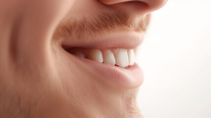 Close-up of a bright smile with perfect white teeth and healthy gums in a side profile view.