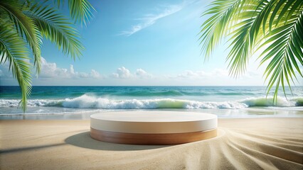 Obraz premium Abstract minimalist display podium with a summer beach scene, perfect for product or cosmetic presentations, render