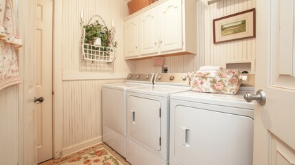 A laundry room with a cozy, cottage-style design, showcasing beadboard walls, vintage-inspired appliances, and charming, country-themed decor