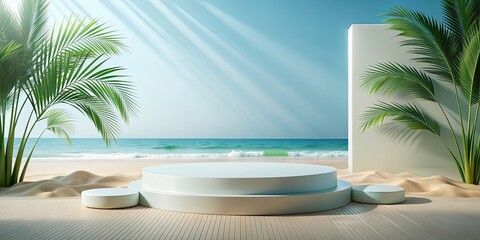 Fototapeta premium Abstract minimal display podium with summer beach scene, perfect for product or cosmetic presentations, render