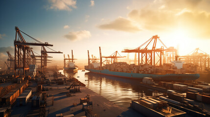 Industrial port with cargo ships and cranes at sunset, waterfront logistics