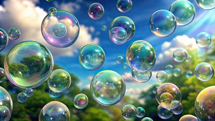 A whimsical image of a lot of bubbles floating in the air, bubbles, floating, translucent, bubbles background, soap bubbles
