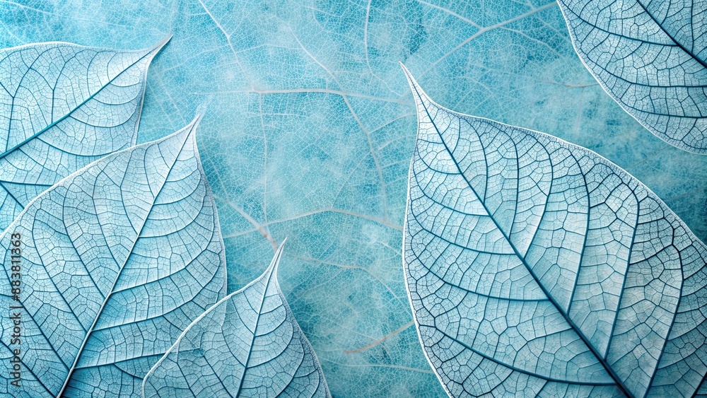 Poster Abstract background of leaf skeletons on a light bluish textured backdrop, leaf skeleton,macro, background, texture, blur