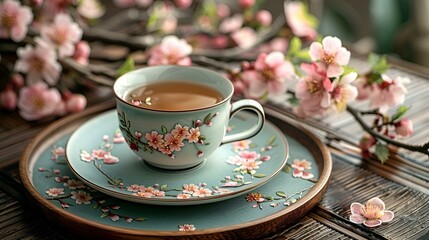 Fototapeta premium Chinese tea cup and saucer with cherry blossom design.