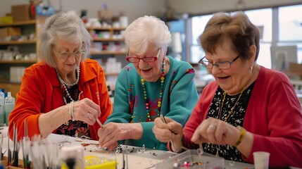 Senior Women Creating Jewelry in Community Craft Room