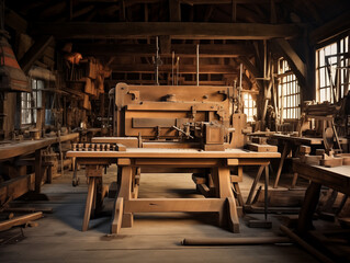 Traditional carpentry workshop with wooden tools and materials