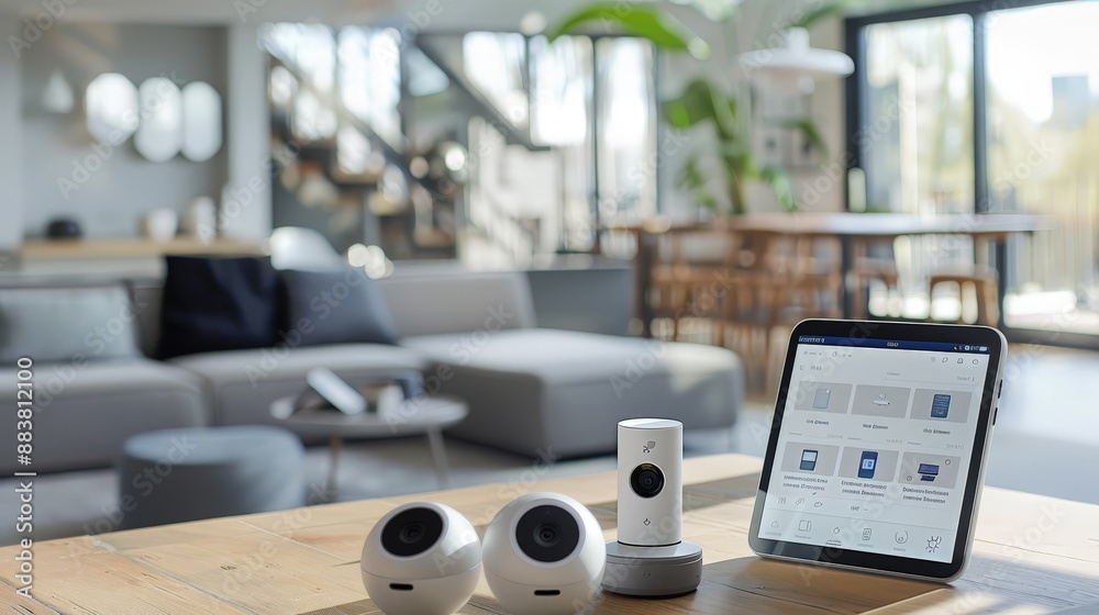 Poster an advanced home security system with cameras, motion detectors, and a central control app displayin