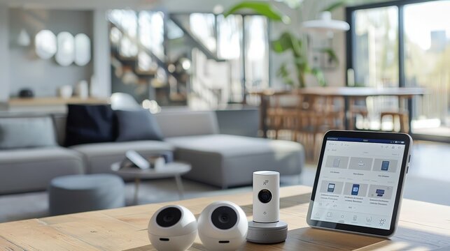 An advanced home security system with cameras, motion detectors, and a central control app displaying live feeds and security alerts.