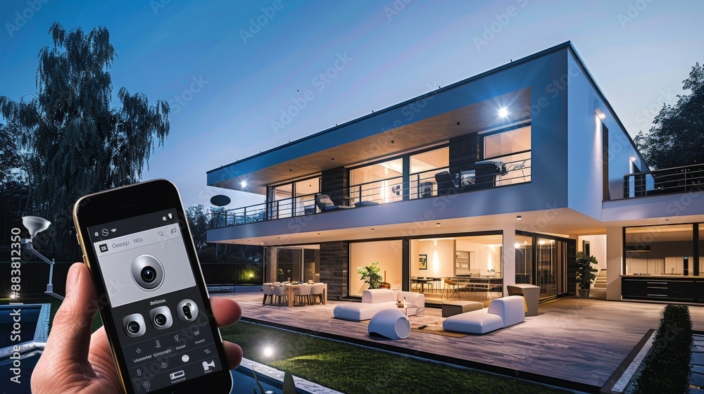 Poster an advanced home security system with cameras, motion detectors, and a central control app displayin