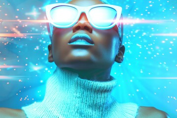 Fototapeta premium Retro-Futuristic Vision: Young Black Woman in Neon, High-Tech Fashion Scene