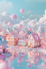 Fototapeta premium D abstract image of a cheerful pastel-colored town filled with cute elementsA 3D pastel-hued world with floating marshmallows AI generated illustration