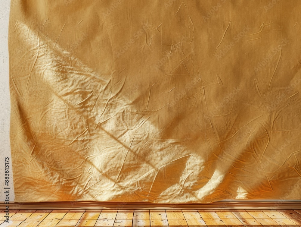 Poster modern minimalist advertisement mockup with warm beige fabric wall and subtle mustard shadows in cos