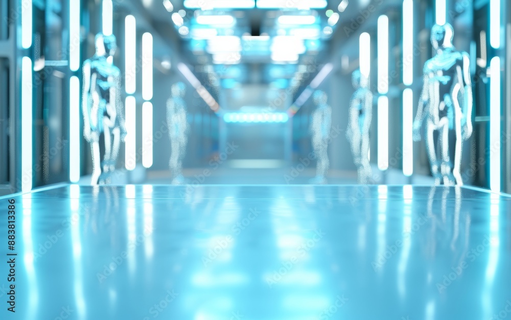 Aufkleber futuristic high-tech room with sleek blue metal table and glossy silver bodysuits, emphasizing minim