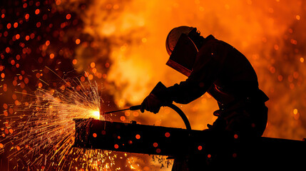 Silhouette of a construction worker welding with sparks flying.