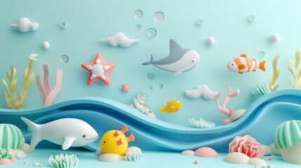 Fototapeta premium D seascape with cute abstract aquatic creatures AI generated illustration
