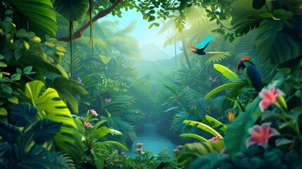 Fototapeta premium D style illustration of a lush rainforest with exotic animals AI generated illustration