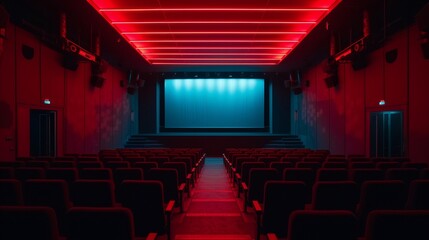 Fototapeta premium An empty movie theater with red lights and rows of seats