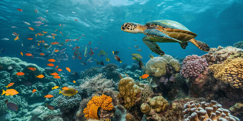Obraz premium beautiful underwater tropical coral reef scene with turtle and fish