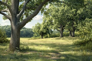Panoramic view of an oak forest with sunlight filtering through the leaves.