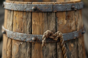 Old oak barrel with rusted metal hoops and weathered wood.