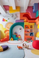 A 3D abstract-inspired playroom filled with toys  AI generated illustration
