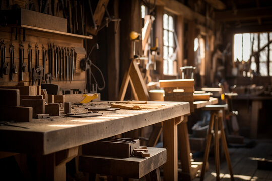 Traditional carpentry workshop with wooden tools and materials