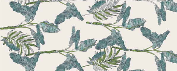 abstract vintage tropical leaves decorative element background allover seamless pattern design illustration in grey teal color combination digital home textile and apparels