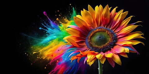 Abstract explosion of colorful paints on sunflower against a black background, abstract, explosion, color, paints