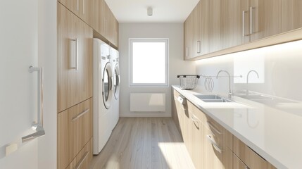 Fototapeta premium A laundry room with a sleek, Scandinavian design, showcasing light wood surfaces, white walls, and minimalist, energy-efficient appliances