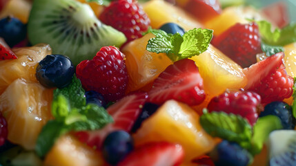 A colorful fruit salad with strawberries, blueberries, kiwi, and oranges