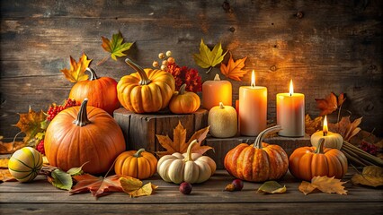 A beautiful autumn still life featuring pumpkins, gourds, leaves, and candles , harvest, seasonal, fall, cozy