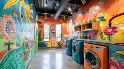 Obraz premium A laundry room with a vibrant, artistic flair, featuring colorful murals on the walls, custom-painted appliances, and unique, handmade storage solutions