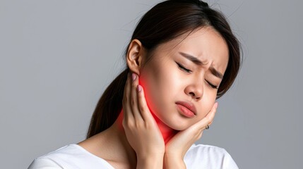 Fototapeta premium Woman in pain suffering toothache touching face, girl sad face pain cheek,Attractive Female Feeling Painful Toothache,Dental Health And Care Concept,Feeling Tooth Pain,Teeth Problem.