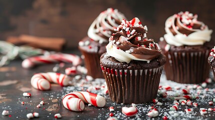Cupcakes with chocolate and peppermint and candy cane