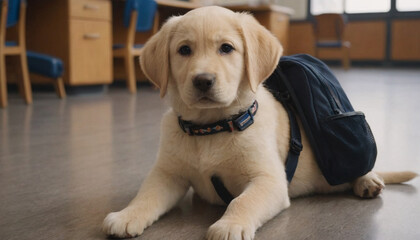 golden retriever puppy in a school classroom