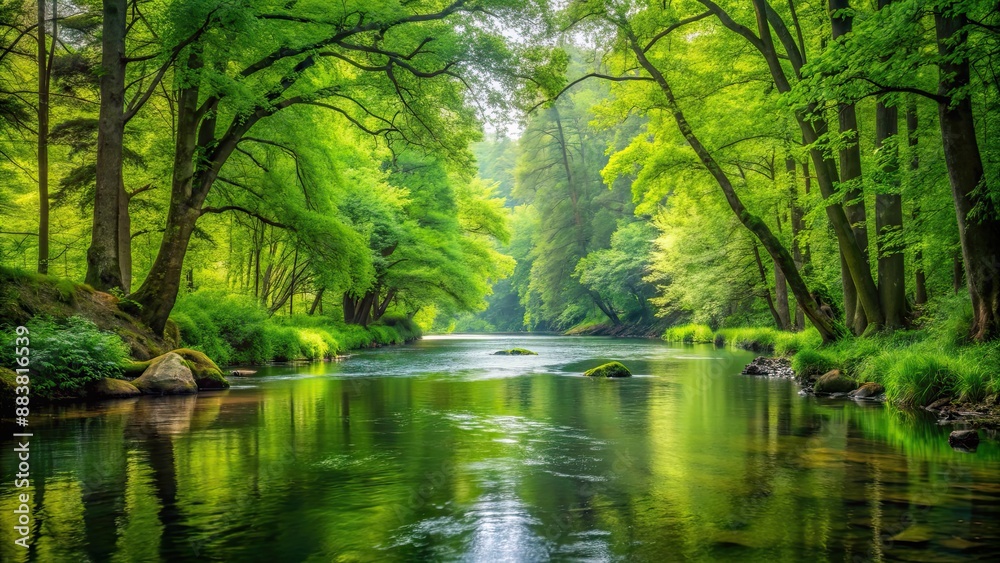 Poster A serene river flowing through a lush green forest, river, water, nature, forest, trees, tranquil, scenic, landscape