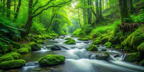 A mesmerizing stream flows through a lush green forest setting, nature, landscape, woods, scenery, tranquil, serene