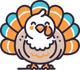 Naklejka premium A cute cartoon turkey with orange and blue feathers.