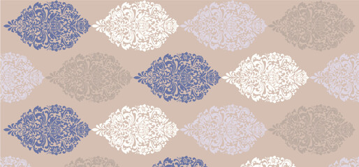 abstract vintage geometric ornament damask decorative element background allover seamless pattern design illustration in blue purple natural brown color combination digital home textile and apparels