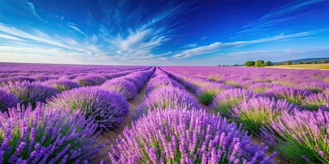 Obraz premium A beautiful field of purple lavender flowers blooming under a clear blue sky, lavender, field, flowers, purple, nature
