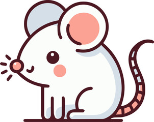 Obraz premium Cute cartoon mouse with big ears and a pink nose, sitting on a white background. vector