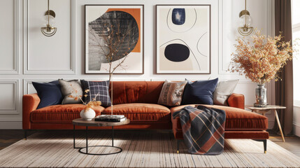 A modern and cozy interior, rust sectional sofa with circular cushions in navy and blush, plaid throw blanket