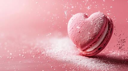 Fototapeta premium Heart-shaped pink macaron with sparkling white powder sprinkled in the air, decorative, aesthetic background, sweet dessert